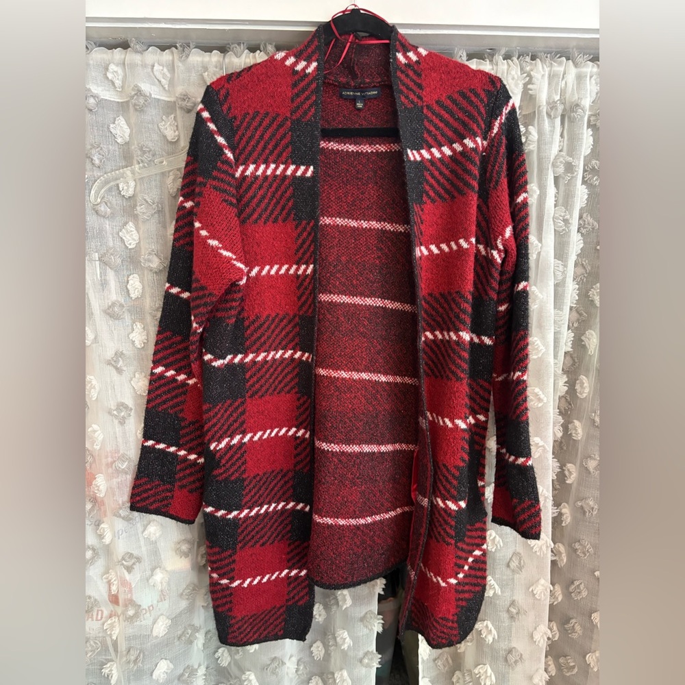 Adrienne Vittadini Red and Black Plaid Open Cardigan